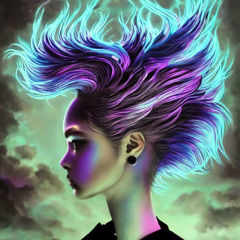 Vibrant portrait of a person with blue and purple flowing hair under moody sky