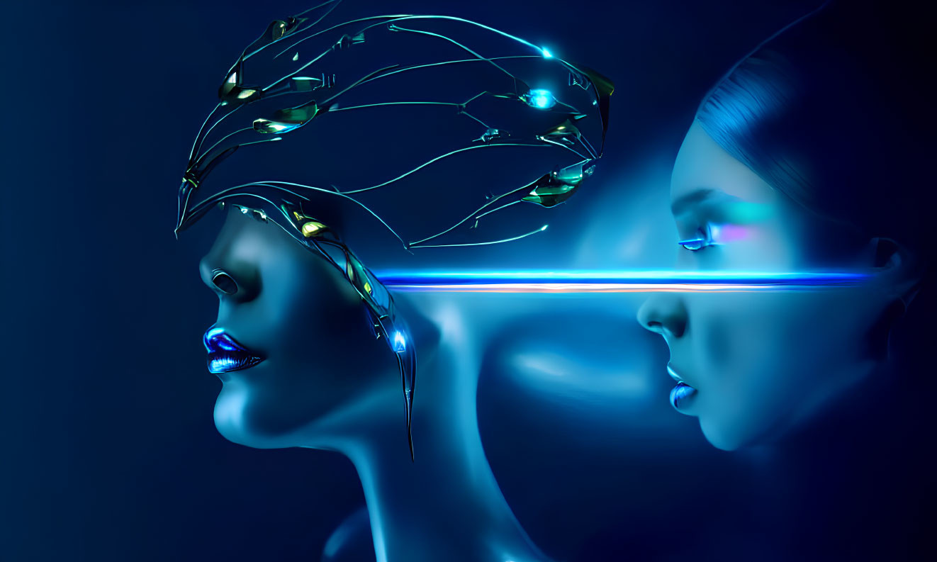 Futuristic art: Two female figures with reflective skin and circuit-like headpiece.