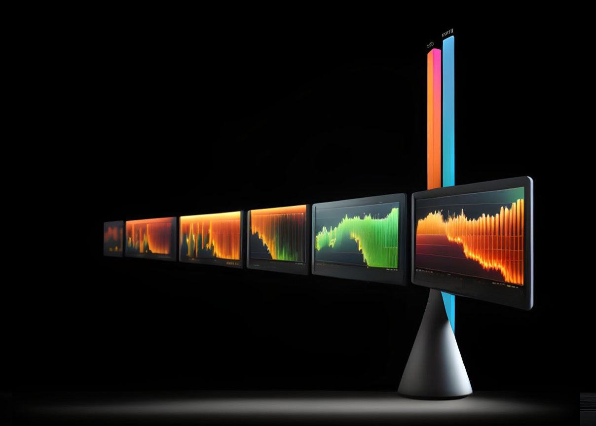 Computer Monitors Displaying Colorful Audio Waveform Graphs