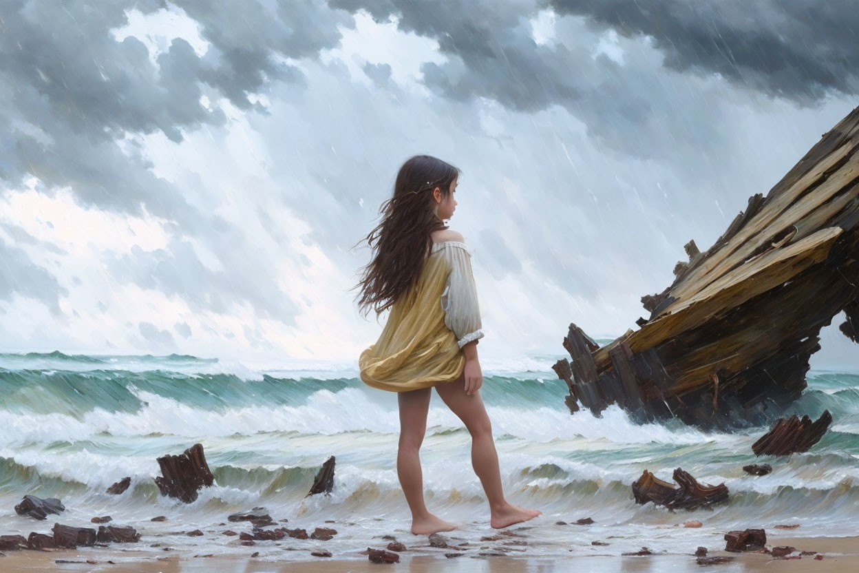 Young girl in yellow dress on stormy beach near shipwreck