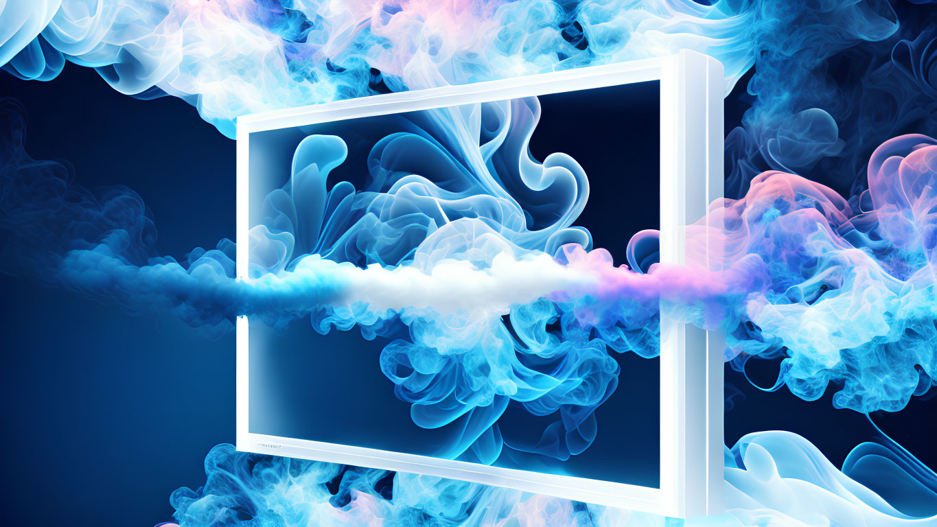 Abstract white frame with blue and white smoke on dark backdrop