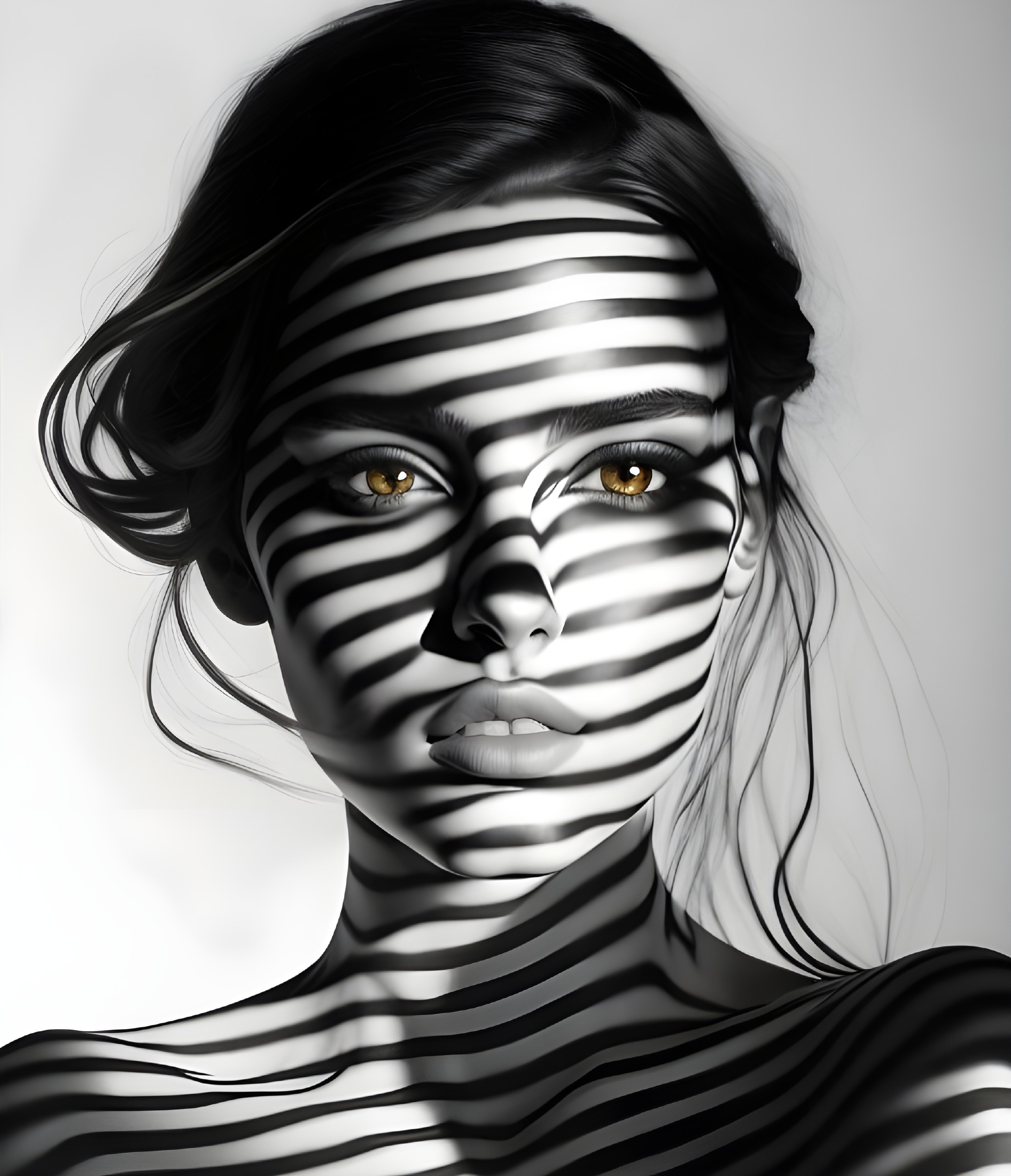 Grayscale portrait of woman with amber eyes and zebra-like stripes