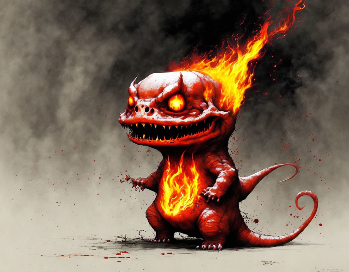 Stylized illustration of red-orange baby dinosaur with flames and glowing eyes