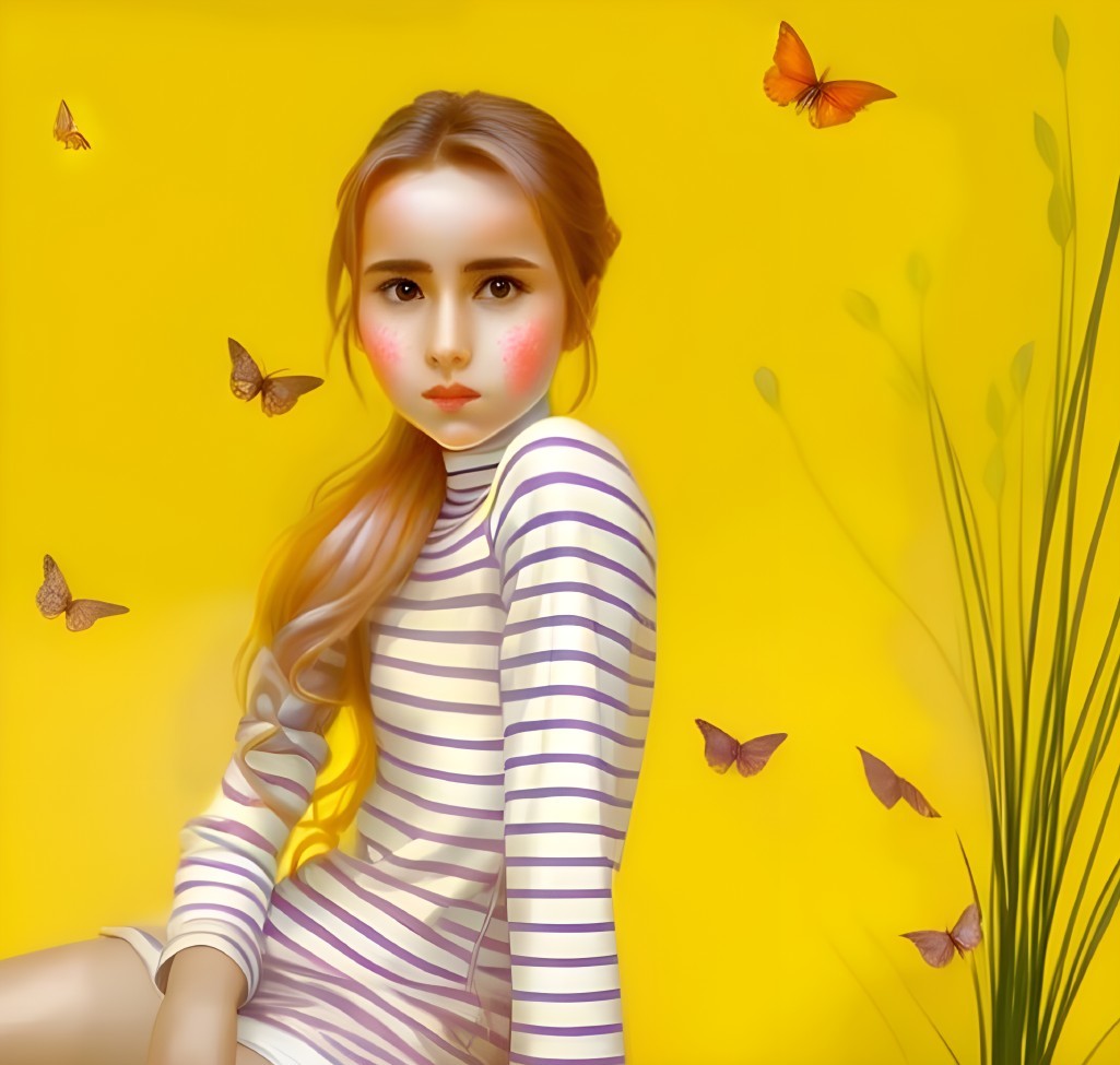 Digital art: Young woman in striped dress with butterflies on vibrant yellow background