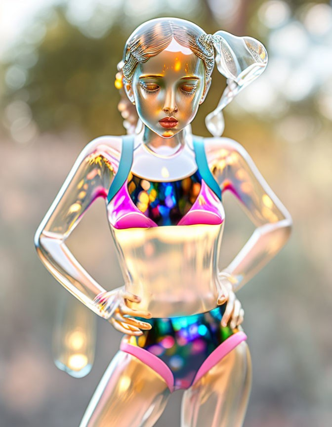 Reflective metallic female figure in rainbow attire against blurred background