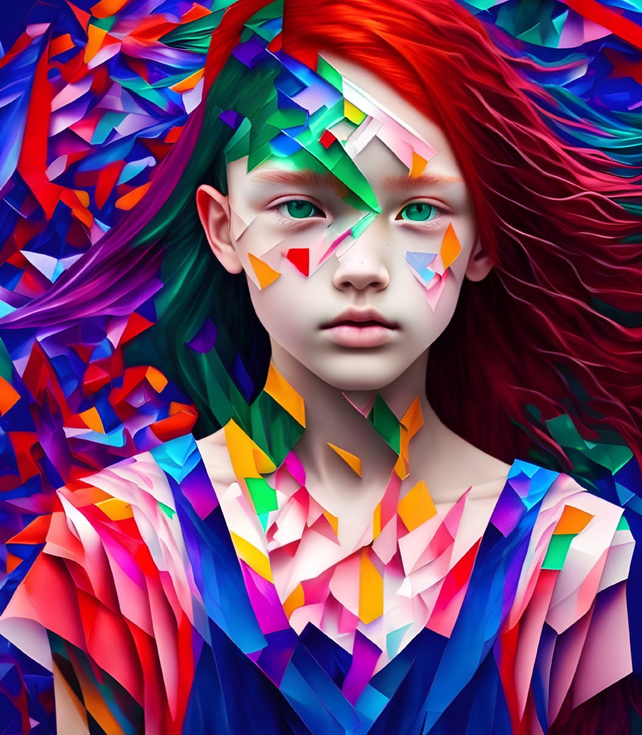 Vibrant digital portrait: red-haired girl, green eyes, multicolored geometric shapes