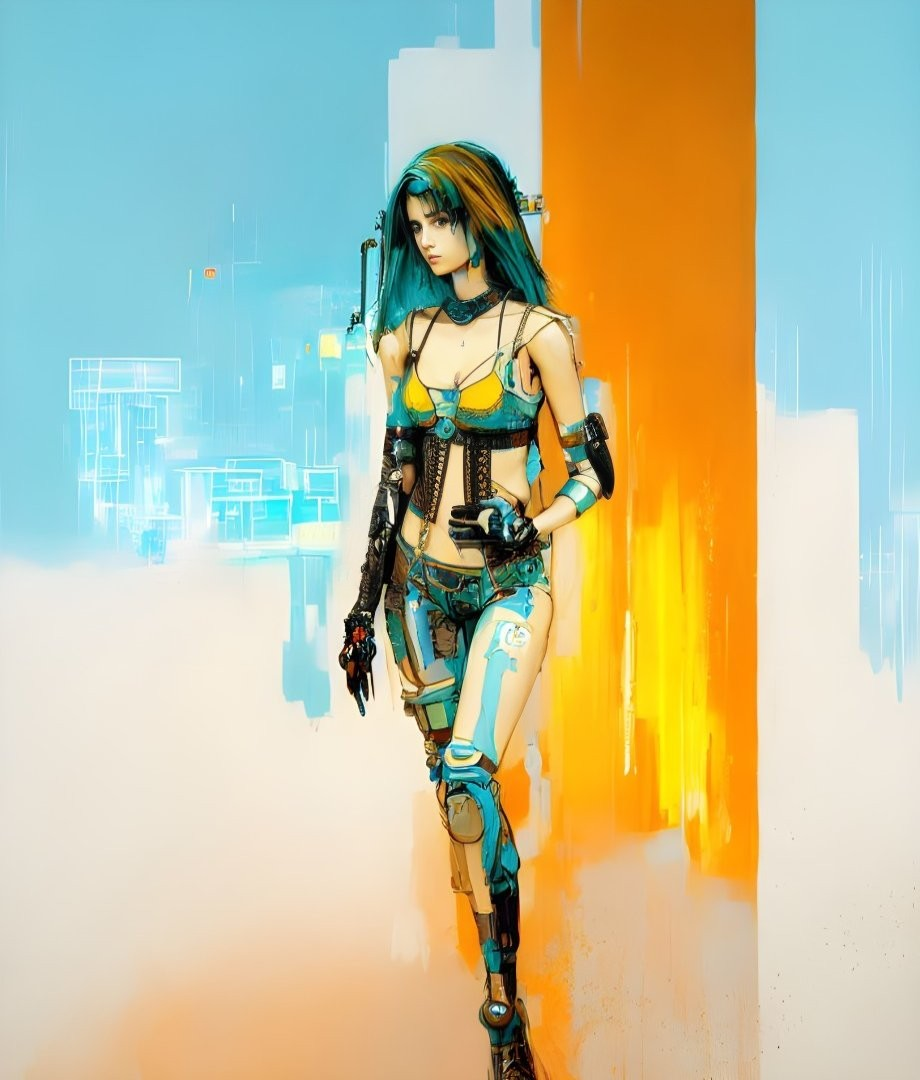 Female Cyborg with Blue Hair and Cybernetic Limbs in Futuristic Attire on Abstract Orange