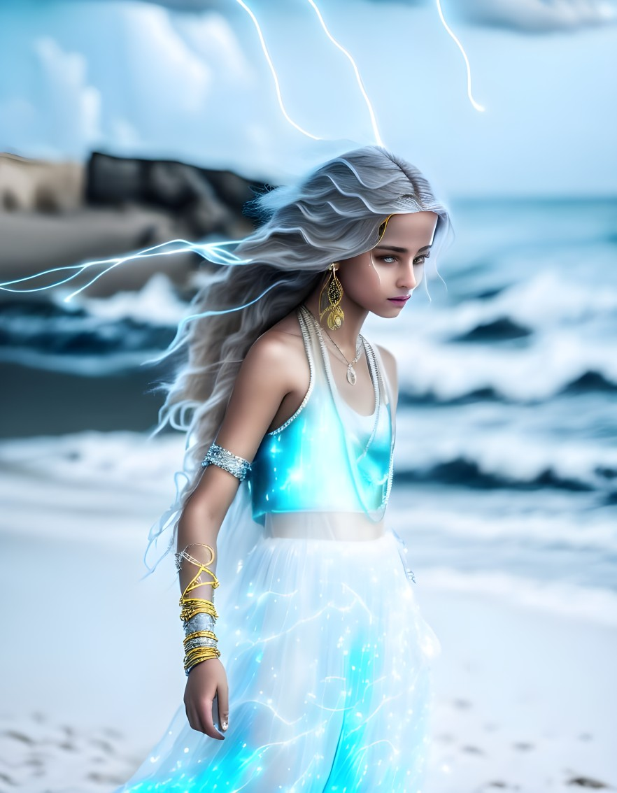 Ethereal woman with silver hair and blue dress by the sea