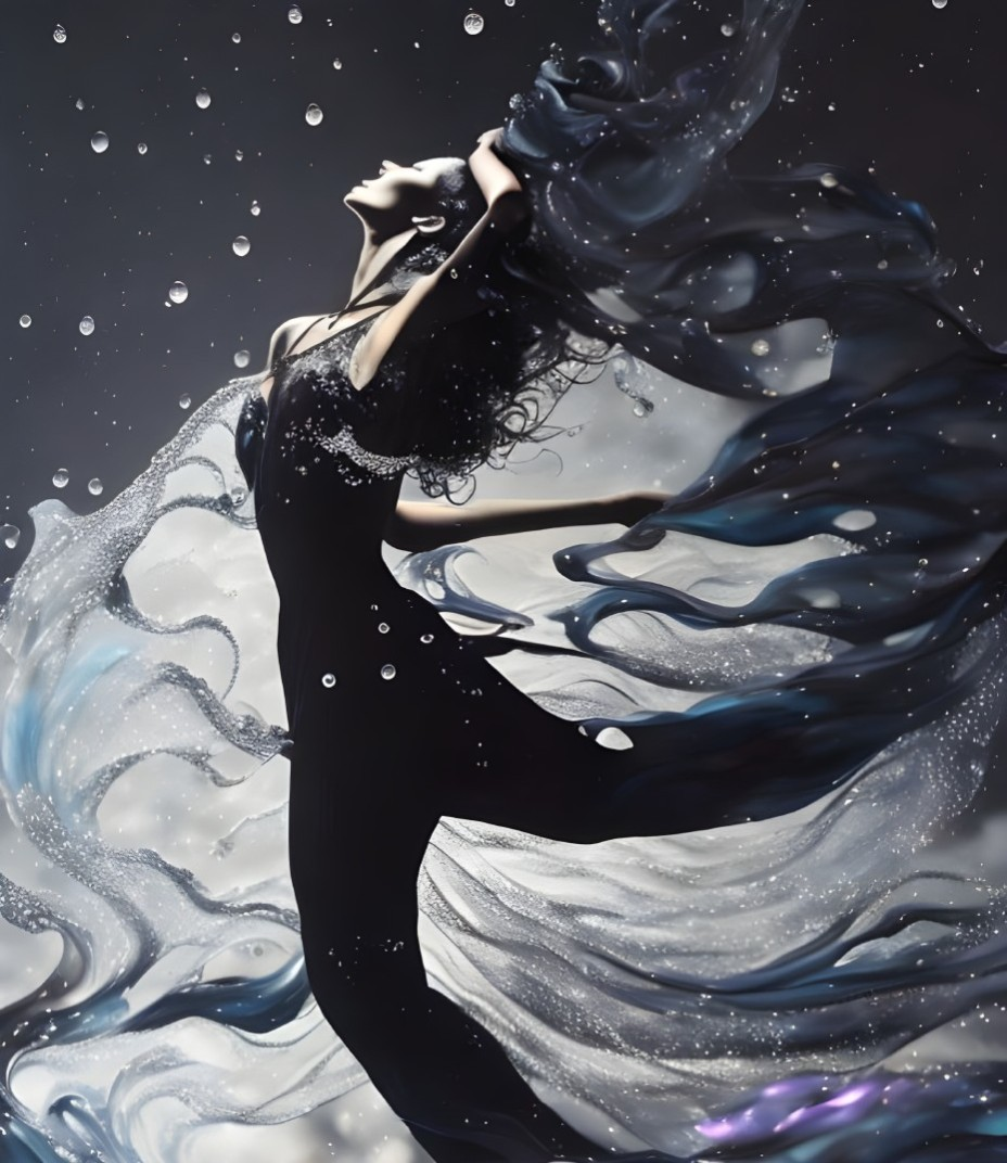 Ethereal artwork of a woman in flowing black dress against cosmic backdrop.