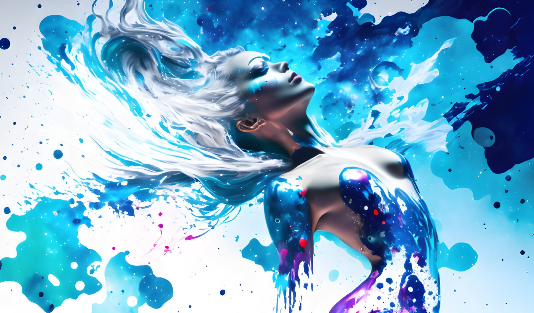 Digital artwork: Woman with flowing cosmic hair in blue and white splashes