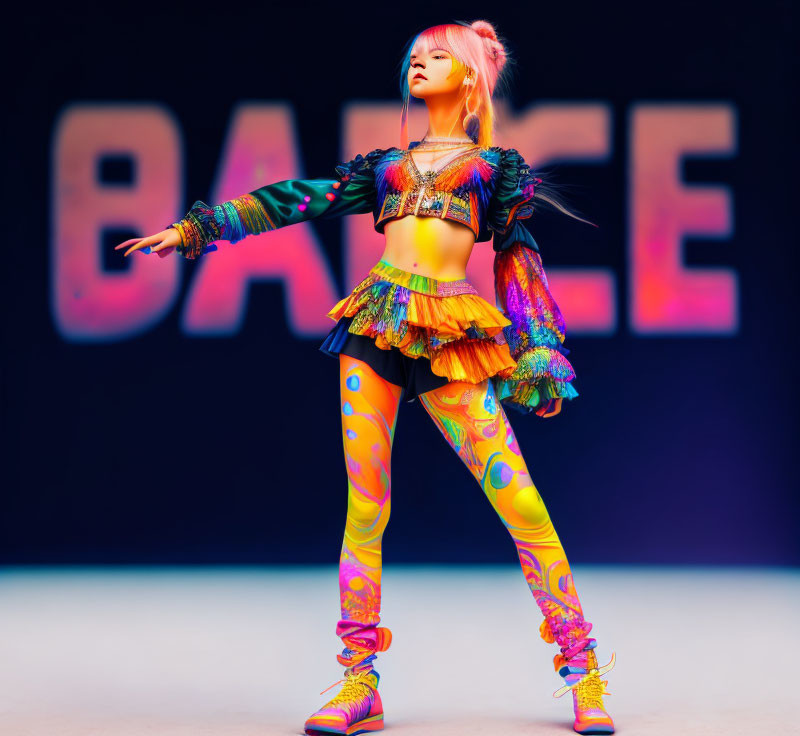 Colorful Attire Dancer Poses with "DANCE" Text in Background