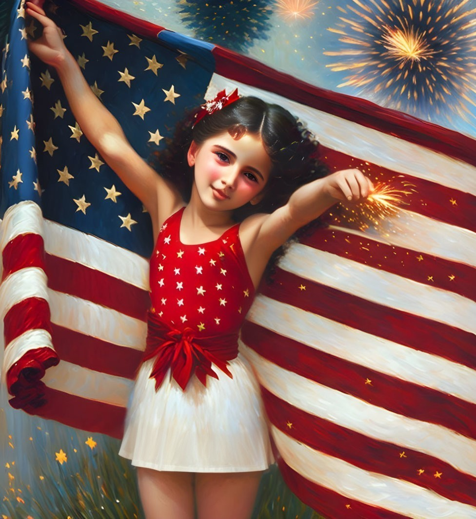 Young girl in patriotic outfit with sparkler, fireworks, and American flag scene.