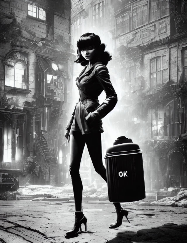 Bob-Haired Female Character in Dystopian Alley beside "OK" Trash Bin