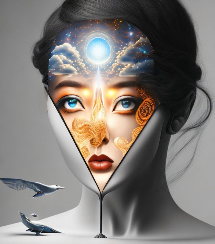 Surreal cosmic scene with woman's face and flying birds