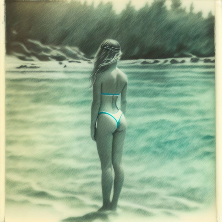 Bikini-clad person gazes at sea with vintage filter.