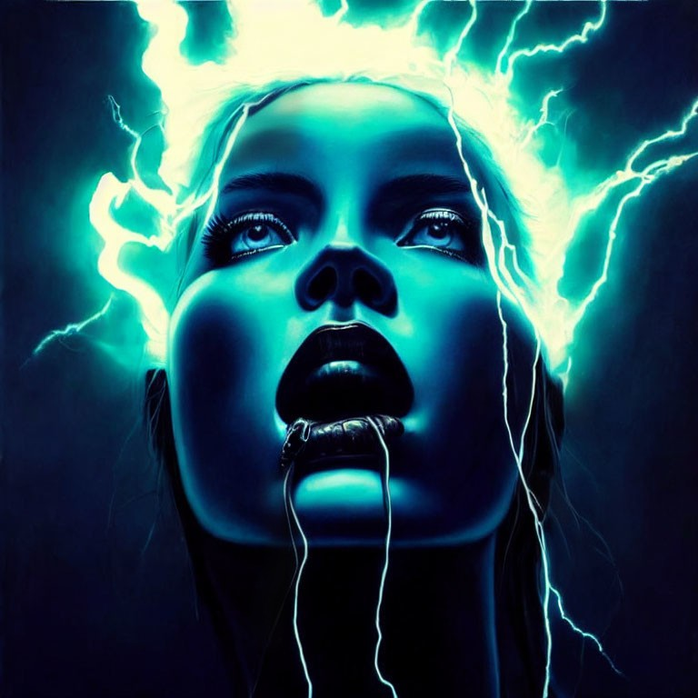 Vivid artwork of woman's face with electric blue eyes and bright blue lightning streaks on dark background