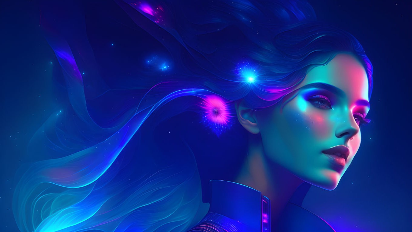 Vibrant neon digital artwork of a woman with flowing hair