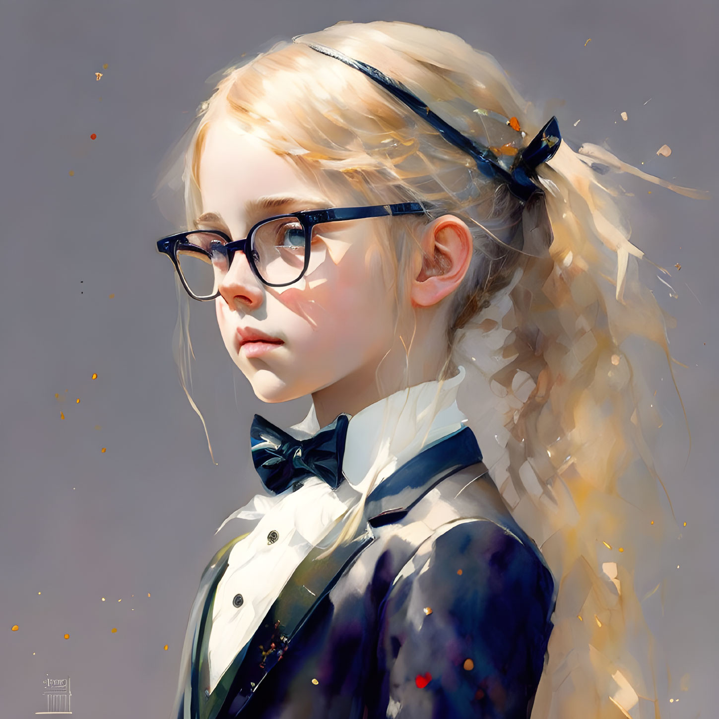 Vibrant digital artwork: young girl with blonde hair, glasses, black bow tie.