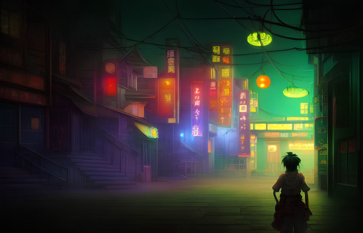 Solitary figure in neon-lit alley with traditional architecture at night