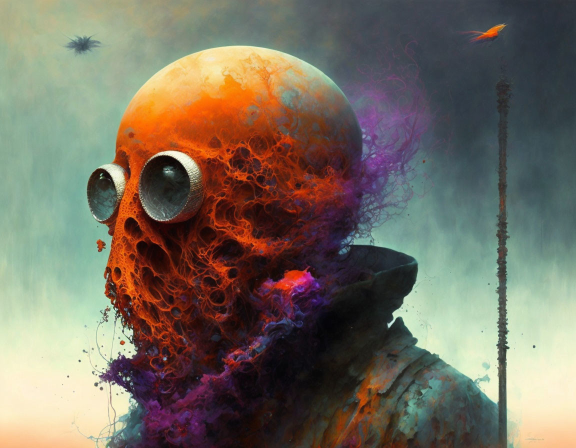 Surreal humanoid figure with oversized orange head and coral-like texture.