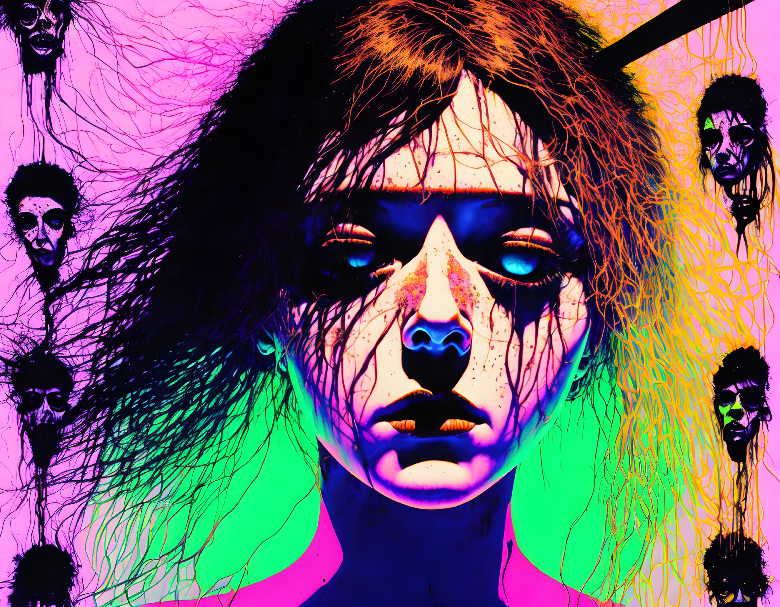 Digital artwork: Female figure with somber expression amid stylized skulls on vibrant background