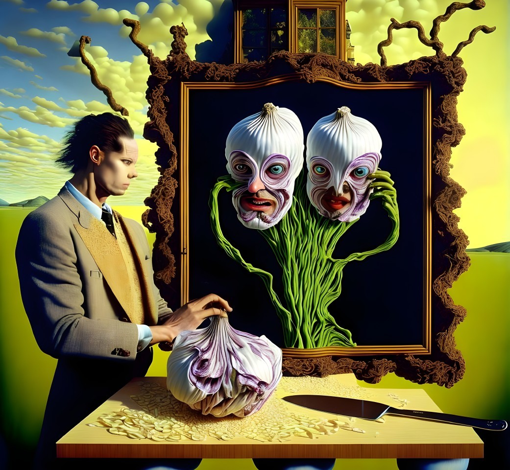 Surreal painting: man in yellow suit peeling giant onion, whimsical figures with onion heads