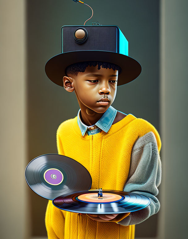 Illustration of young boy with turntable head, hat, yellow sweater, holding vinyl record