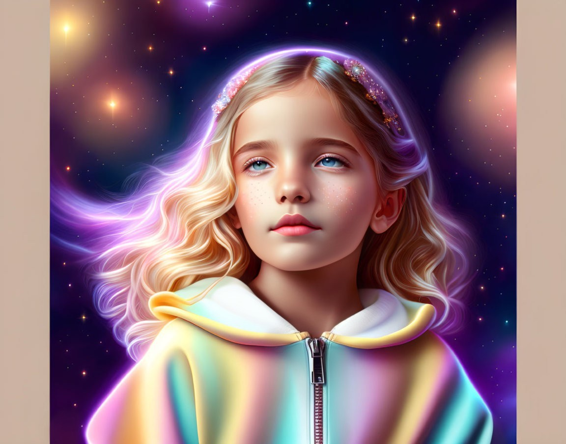 Digital art portrait of young girl with blonde hair in pastel hoodie against cosmic backdrop