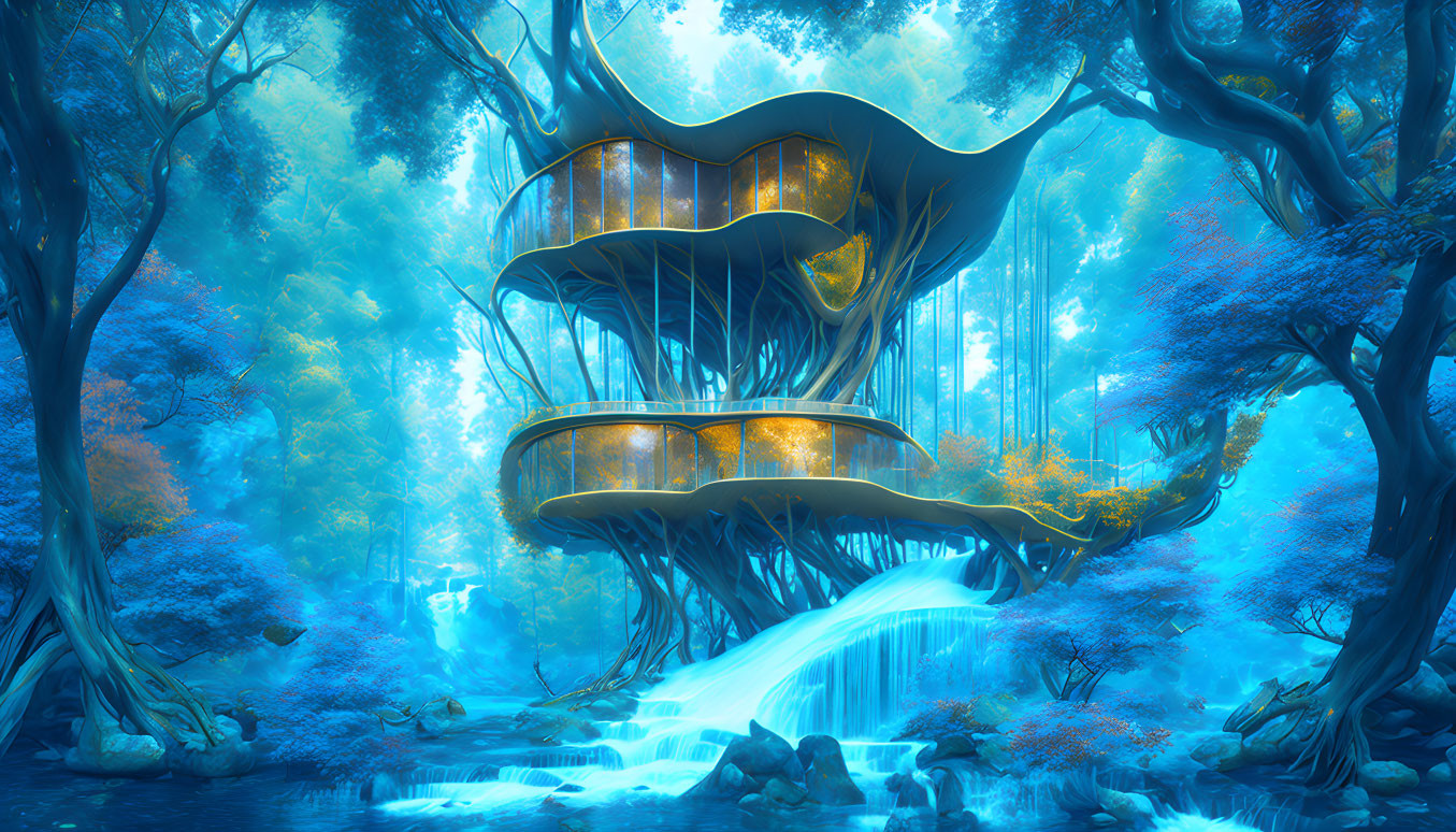 Whimsical treehouse in blue forest with waterfall