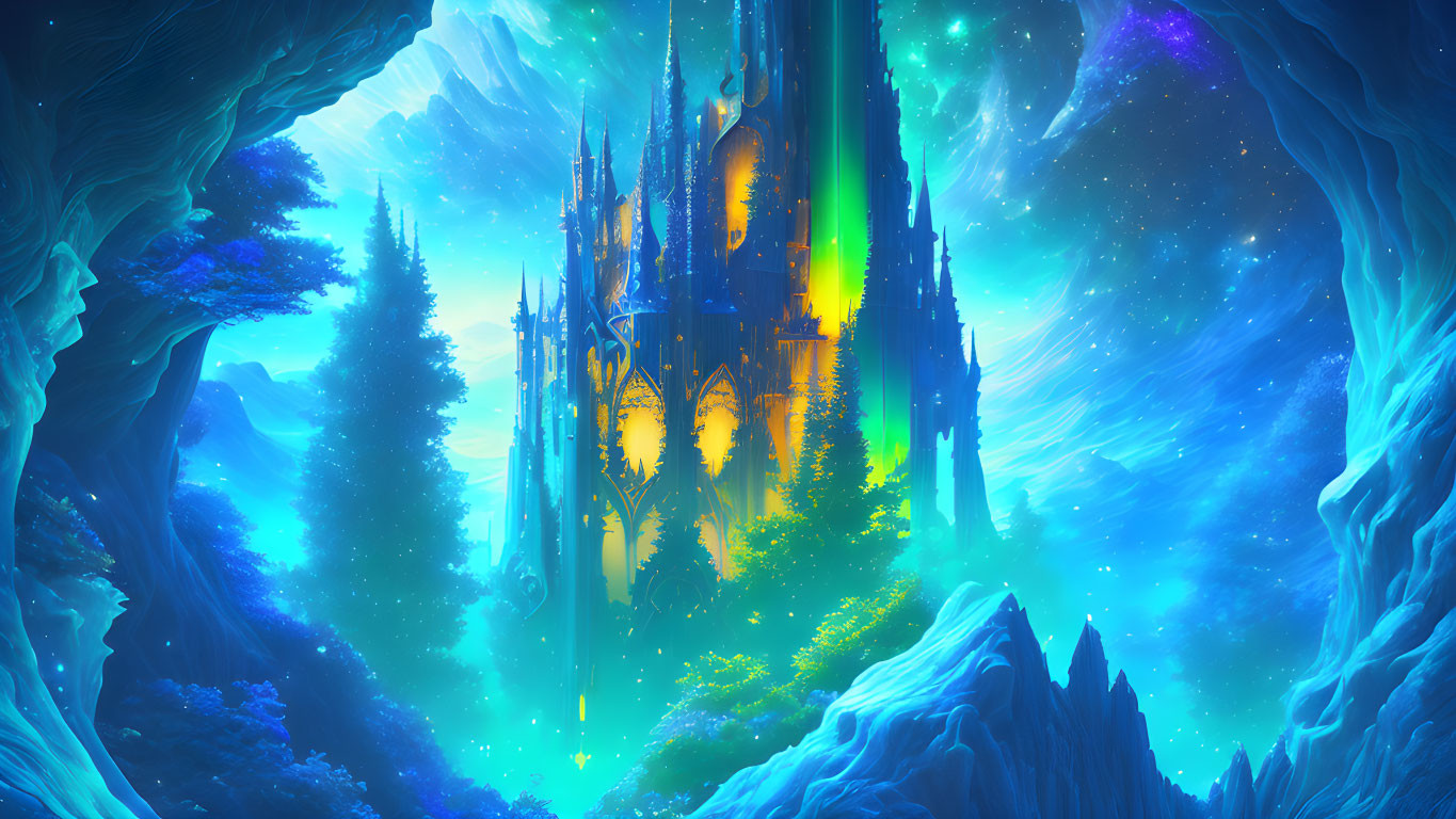 Majestic glowing castle in vibrant fantasy landscape