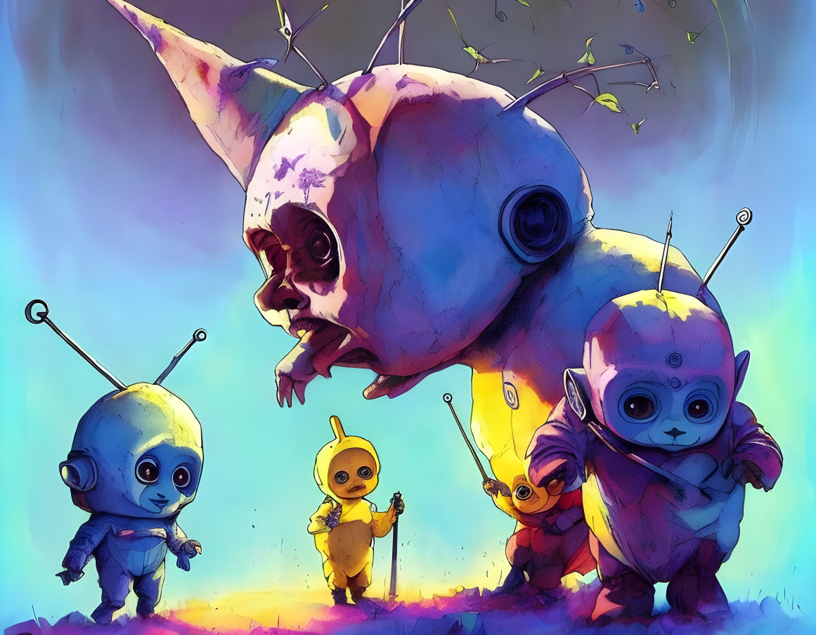 Vibrant illustration of whimsical alien creatures in surreal landscape