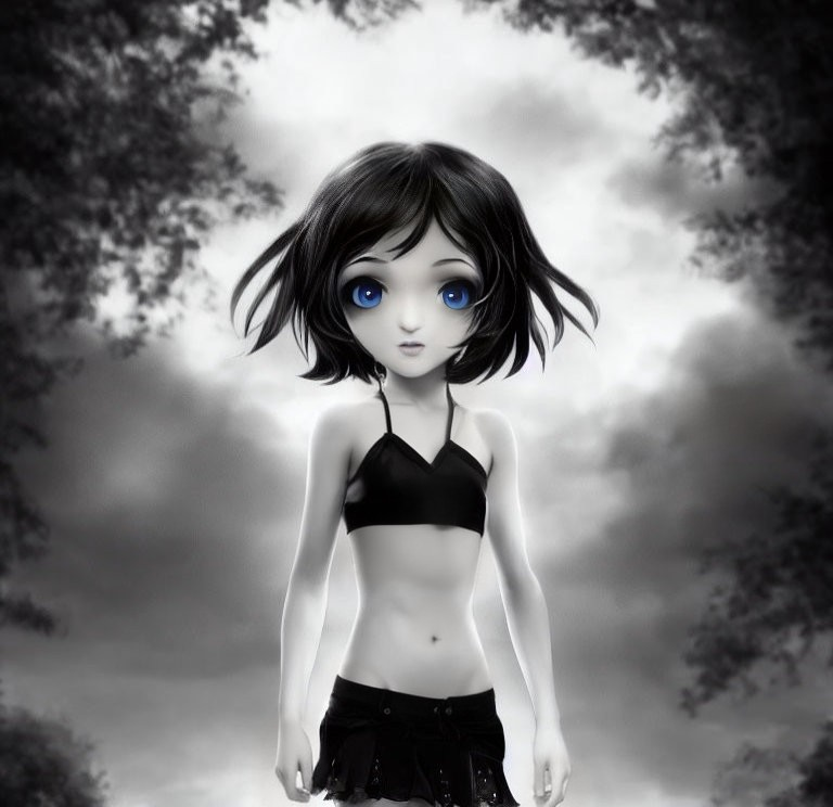 Character with Large Blue Eyes and Short Black Hair in Moody Sky Setting