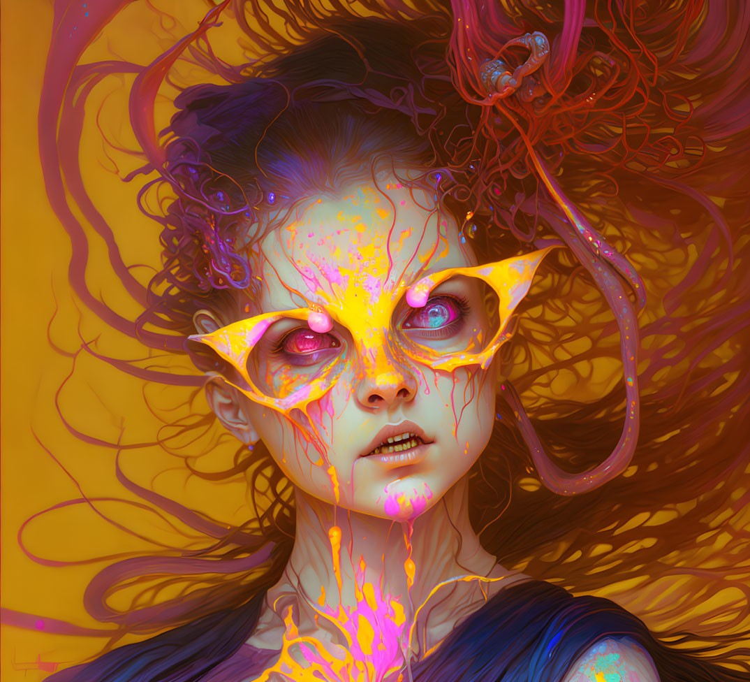 Vibrant digital art: woman with yellow eyes & intricate face paint