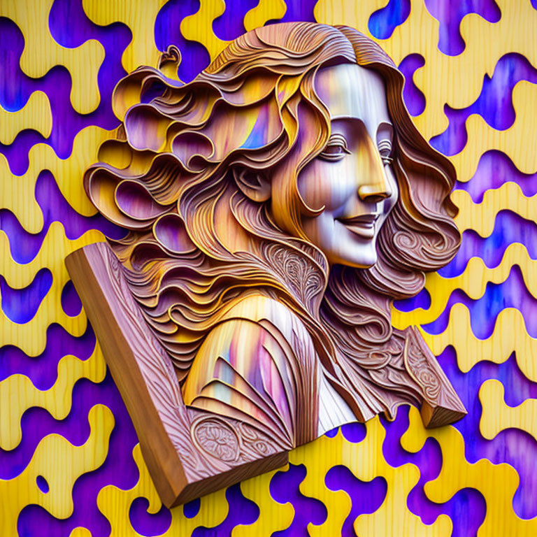 Colorful 3D artwork of woman's face with flowing hair on purple and yellow background