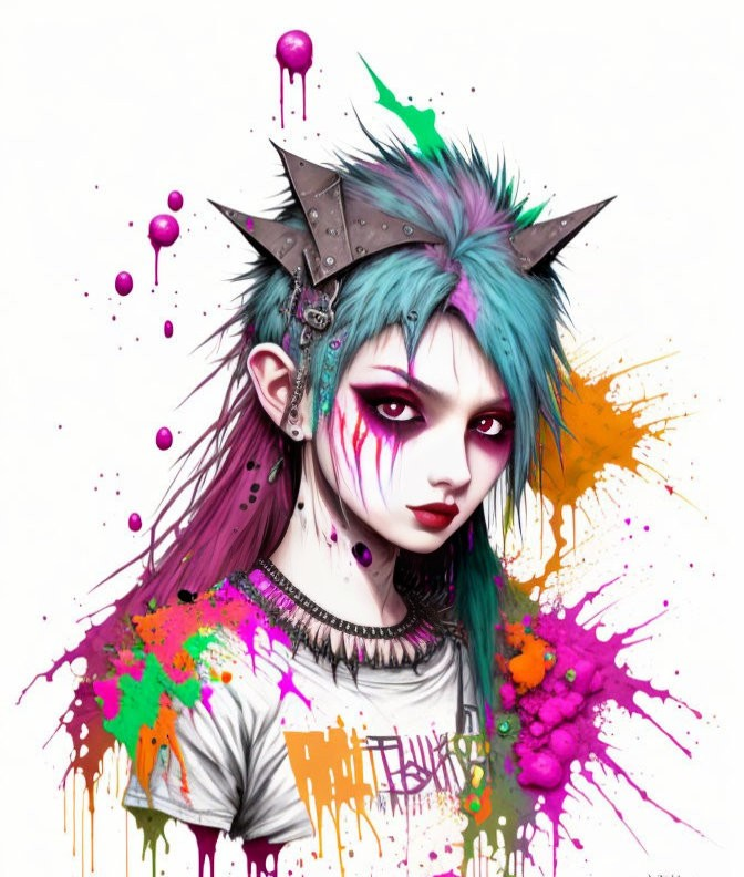 Colorful digital artwork: punk-style character with teal hair, pink face paint, spiked collar