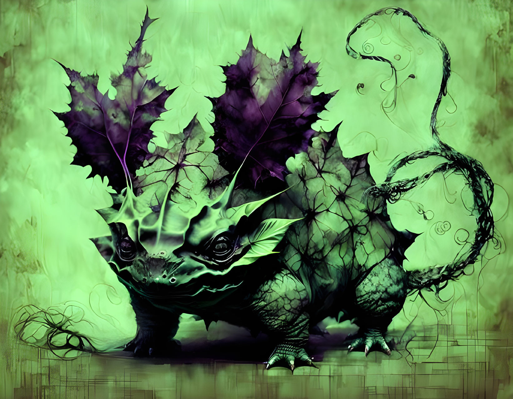 Green dragon blending in autumn leaves with ethereal swirls