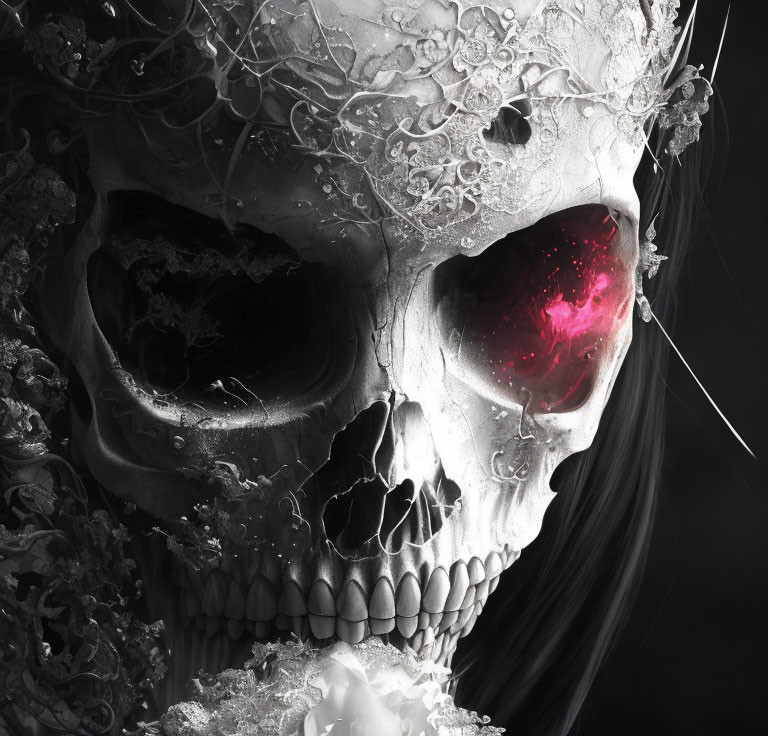 Monochrome skull with intricate designs and glowing red eye on dark background