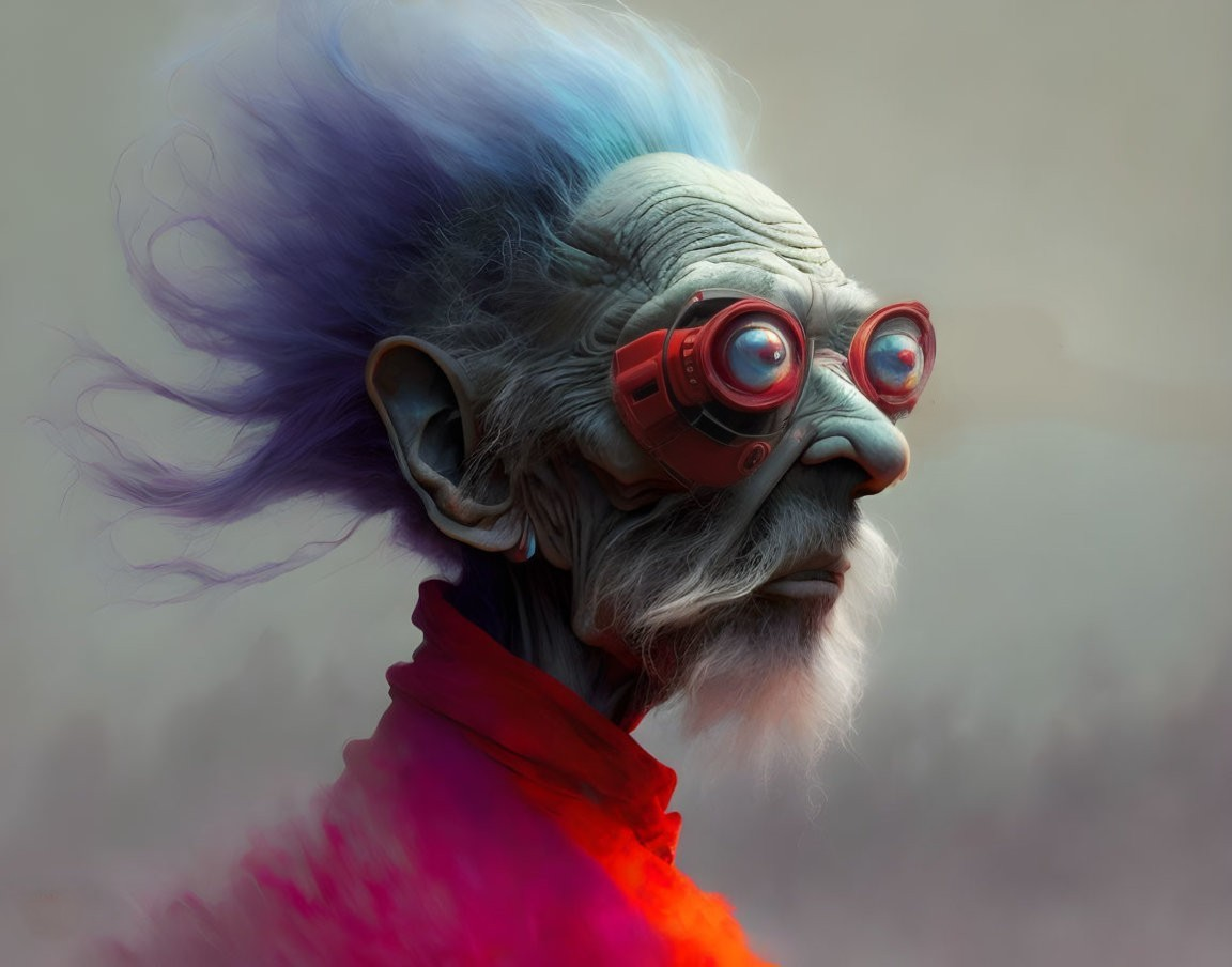 Elderly Character with Blue Hair and Red Goggles in Digital Painting