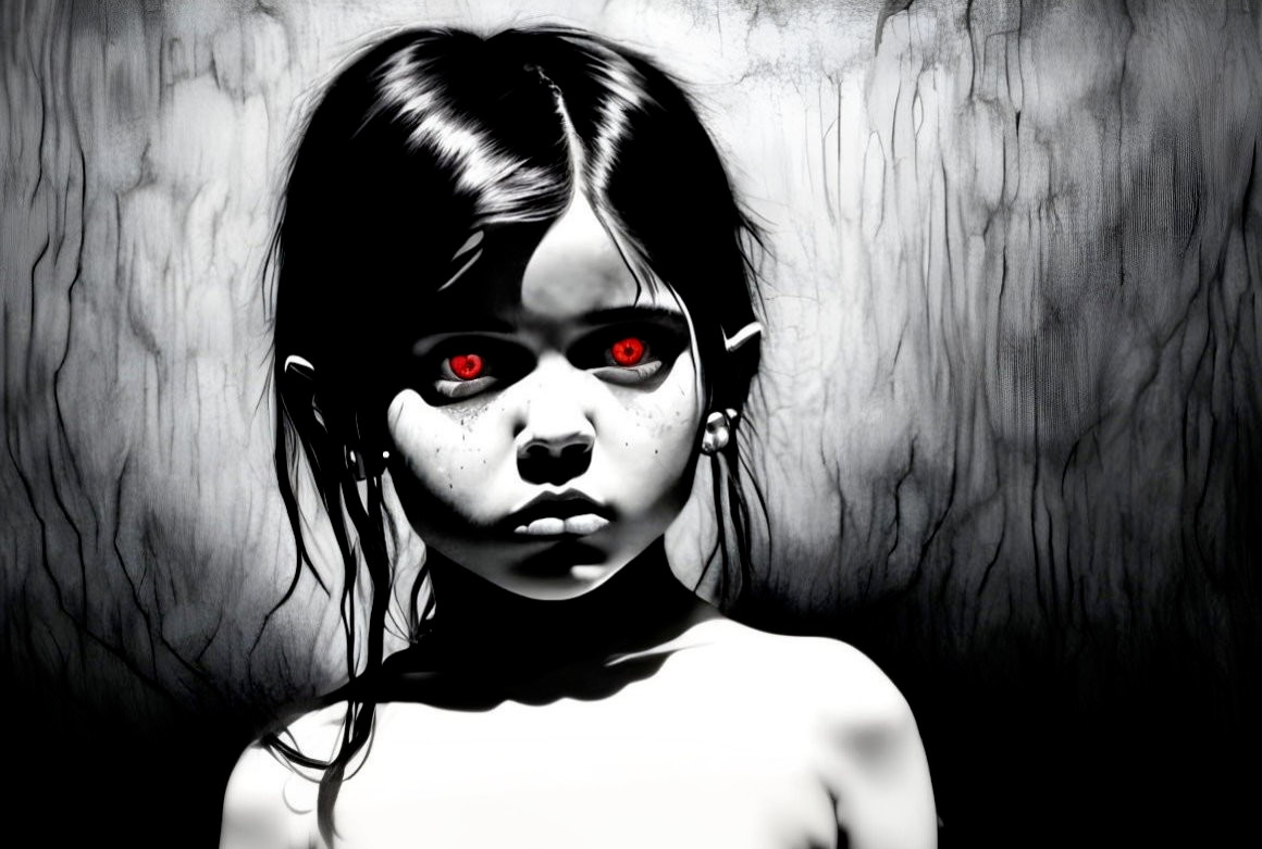 Young girl with red eyes in monochrome against textured gray background