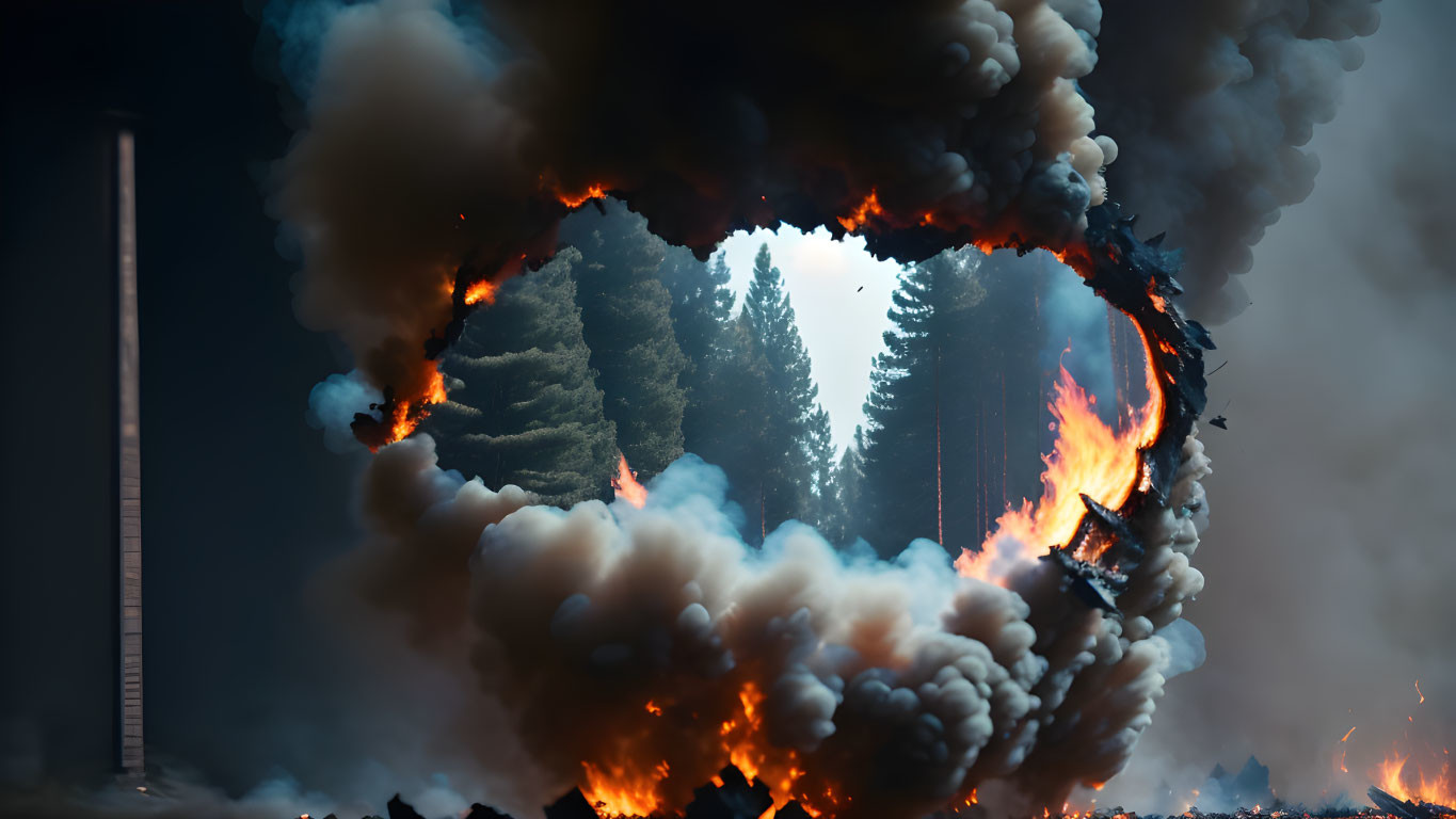 Intense fire and smoke through circular opening with chimney and forest.