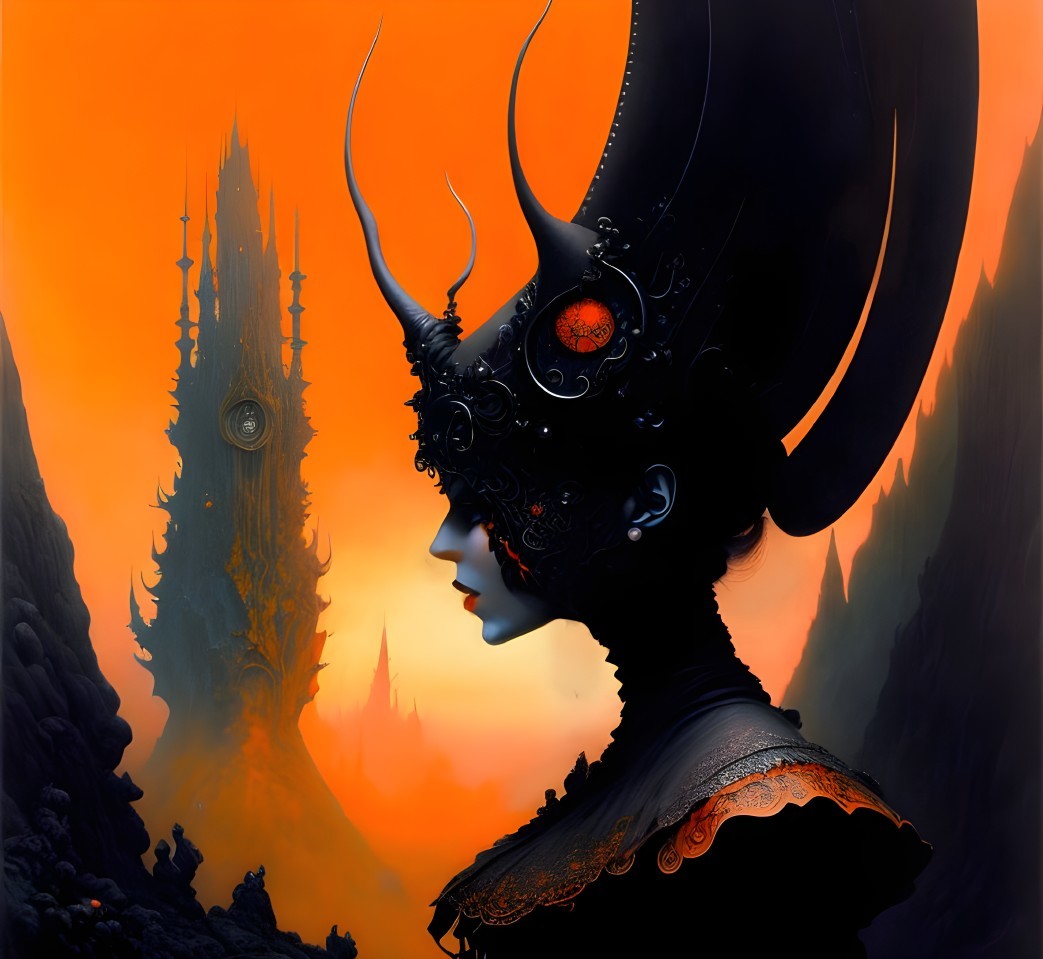 Person with ornate headgear in surreal fiery landscape with tall spire