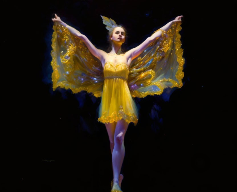 Vibrant yellow costume performer with flowing wings posing against dark background