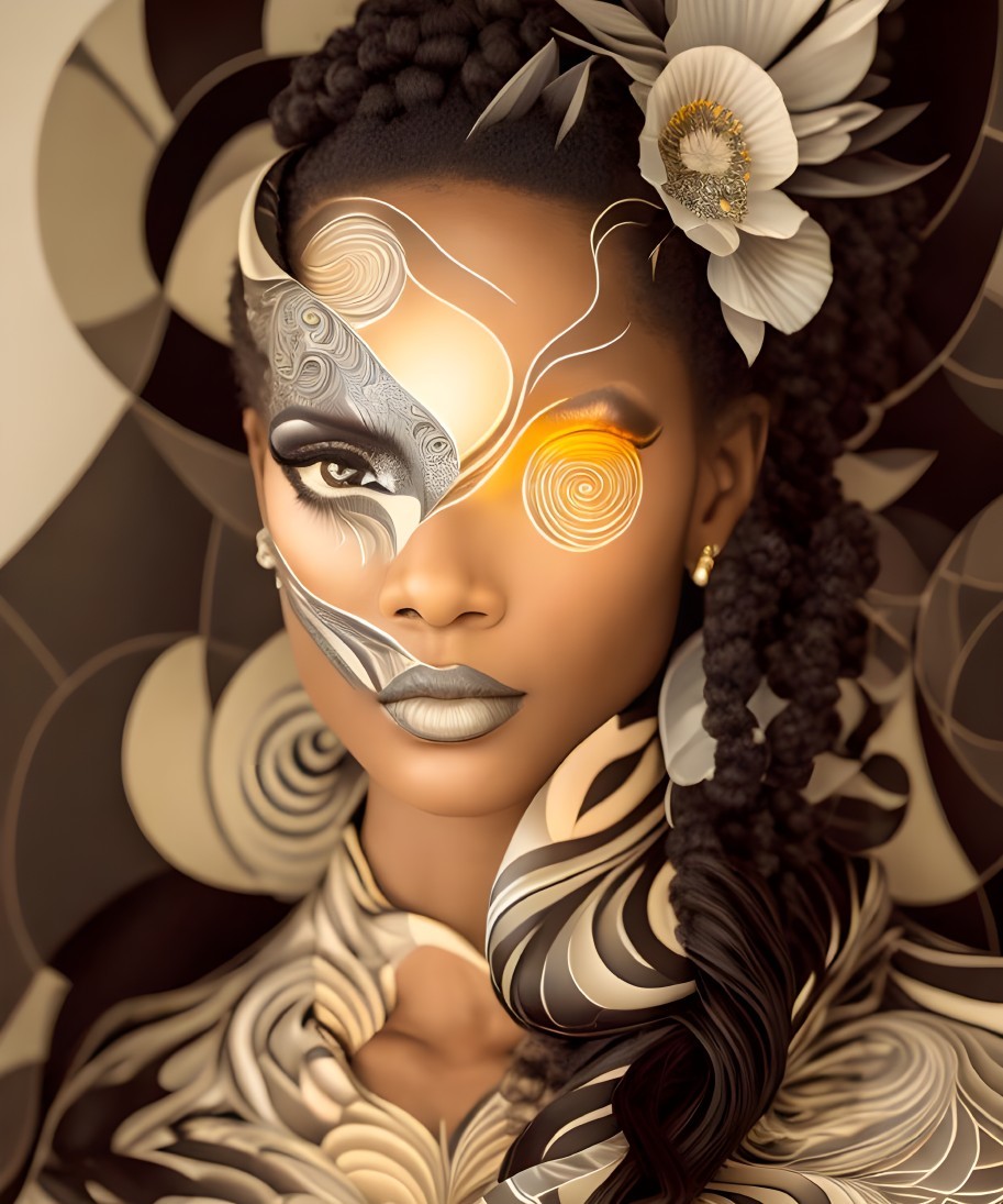 Woman with Half-Mechanical Face and Floral Hair in Abstract Digital Art