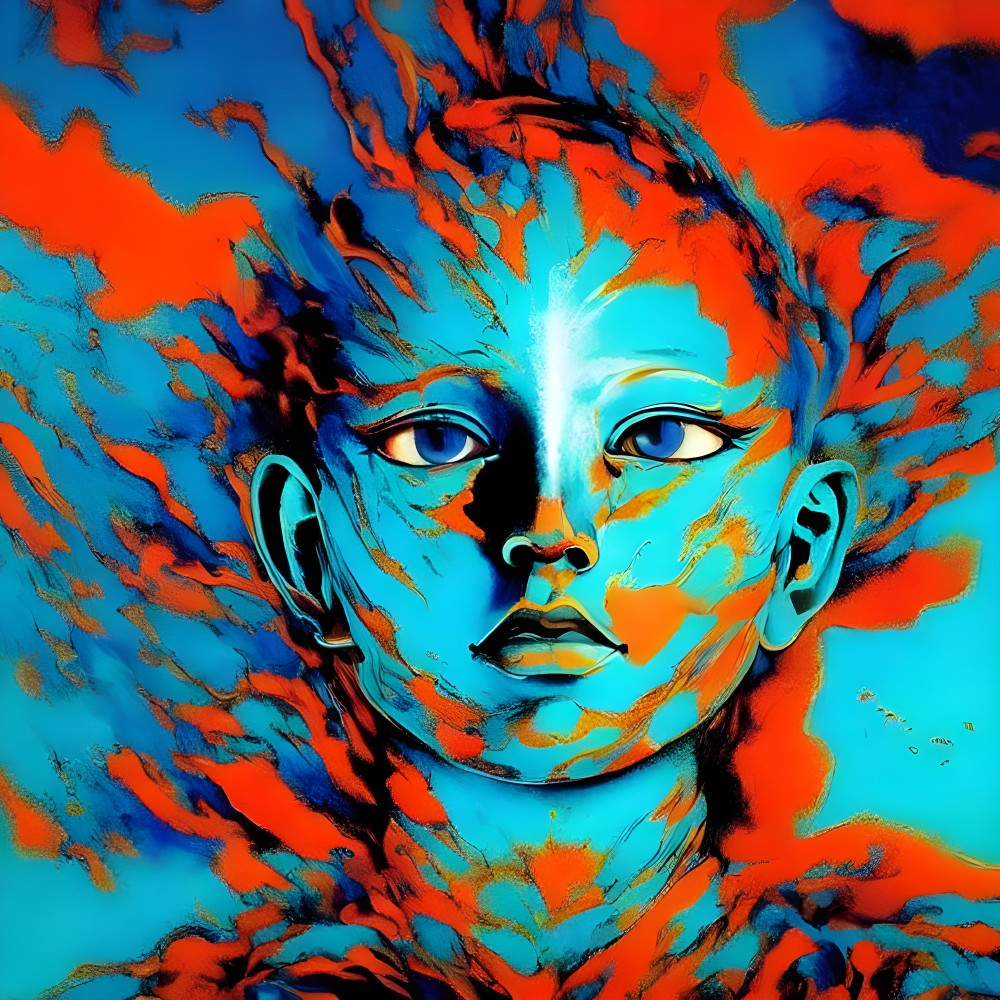 Blue and Orange Abstract Digital Art of Human-like Face