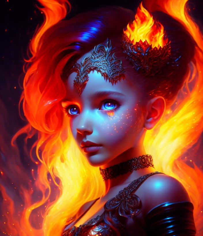 Fantasy Character Digital Artwork: Fiery Orange Hair, Blue Skin, Gold Headpiece, Gl