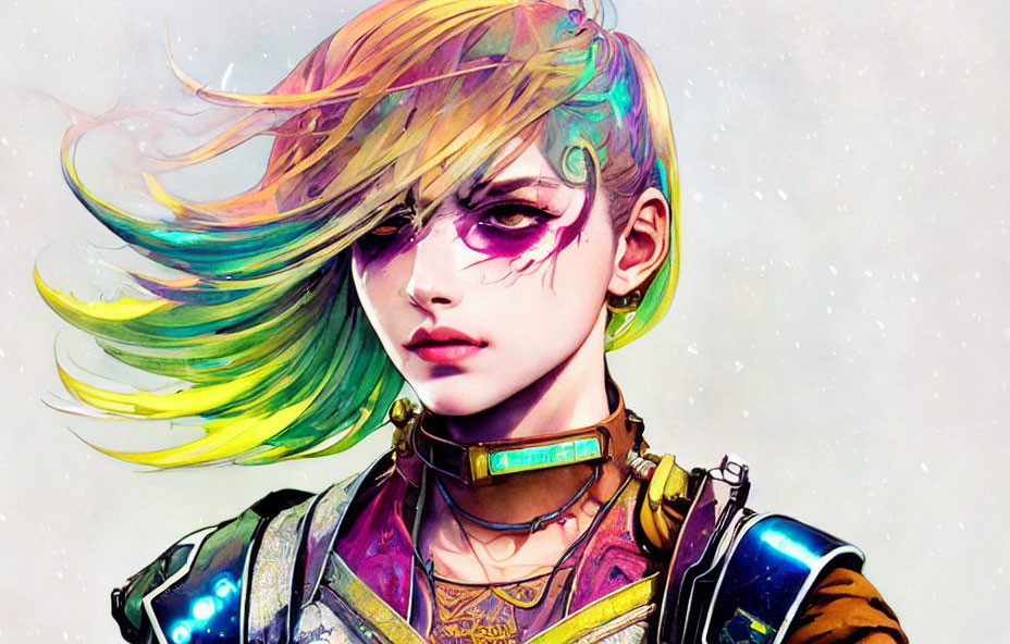 Colorful futuristic female with rainbow hair, cybernetic enhancements, scar.