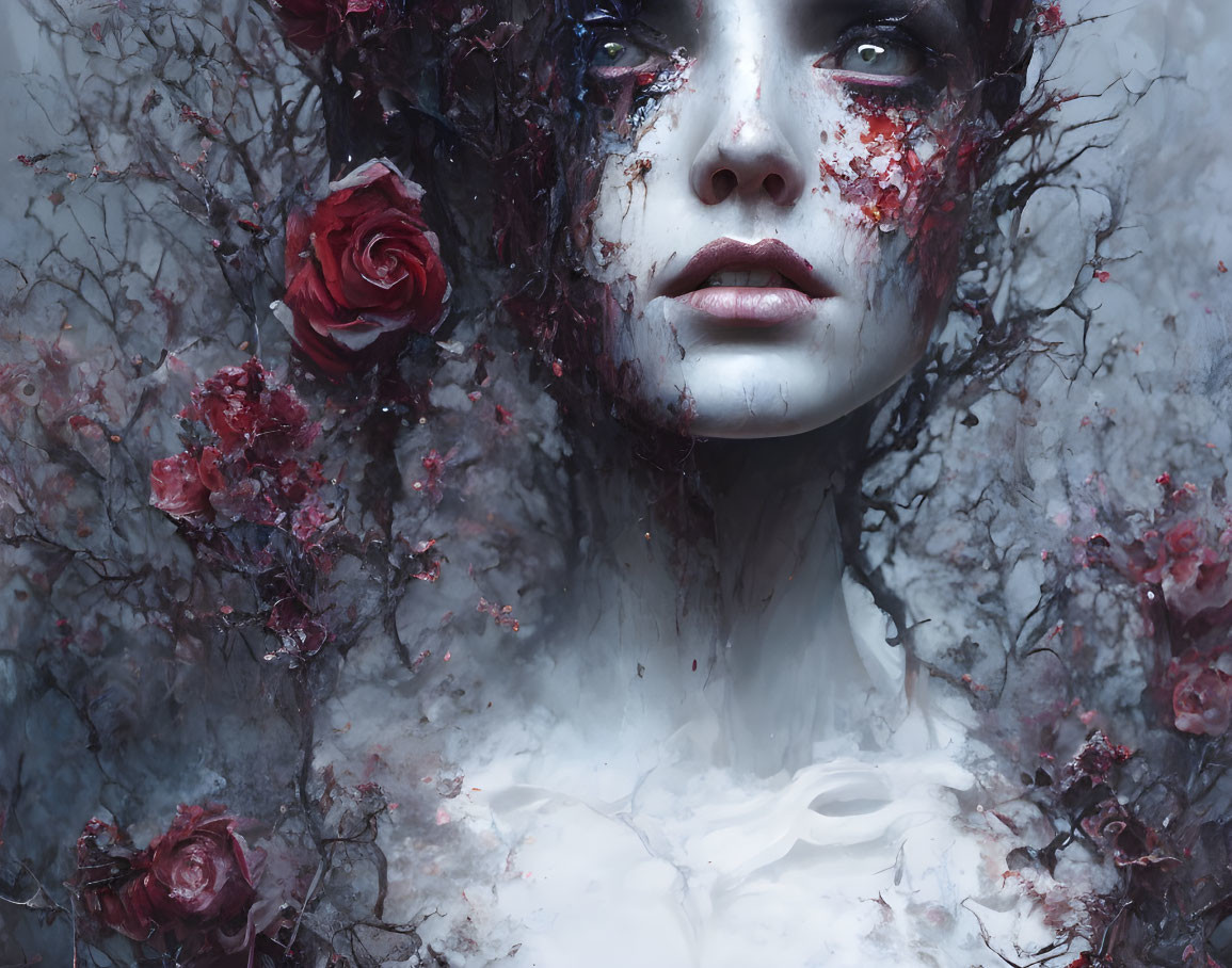 Portrait of person with porcelain skin and dark, moody florals with red roses.