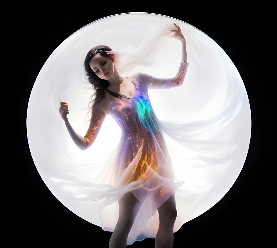 Ethereal woman dances in flowing, iridescent dress