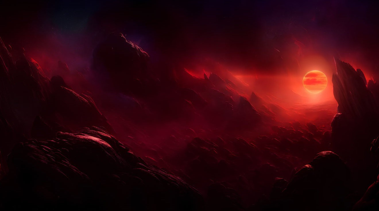 Digital art landscape: Jagged rocks under red sky