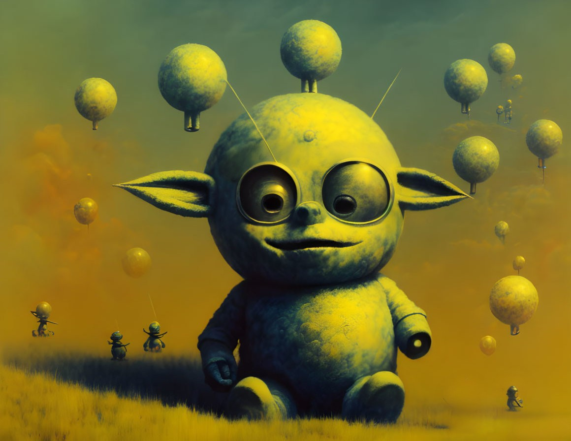 Illustration of blue alien creatures with yellow orbs in a whimsical scene